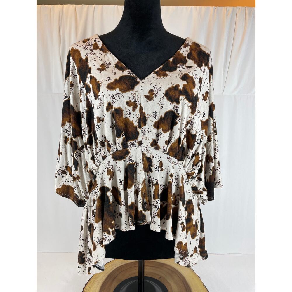 Daytrip Cow Print Top Brown White L Dolman V-Neck High Low Western Boho Festival